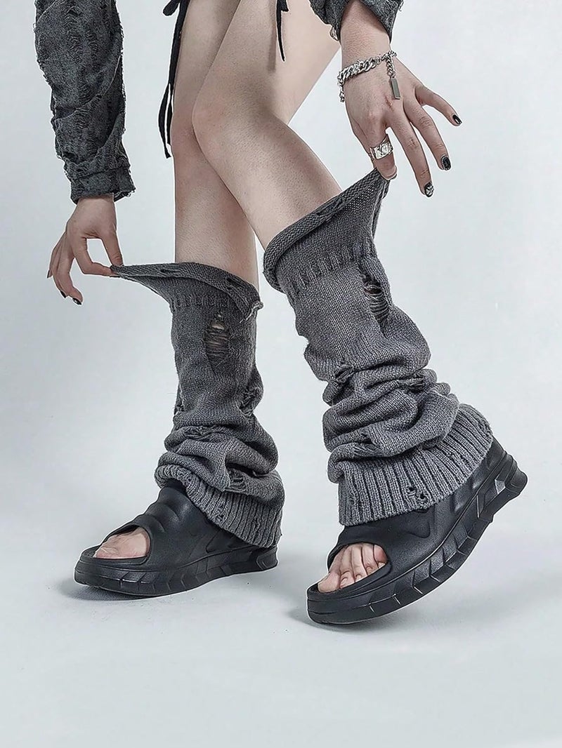 IKIOU Gothic Distressed Leg Warmers, Black White Gray, Knit Material, One Size, Y2K Alternative Fashion Style, Slouchy Design - Image 2